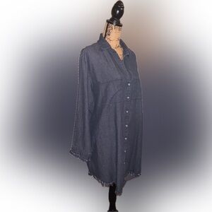 Francis Cabrel Dark Blue Gray Button Collar Shirt Dress Tunic Fringe Frayed 2XL